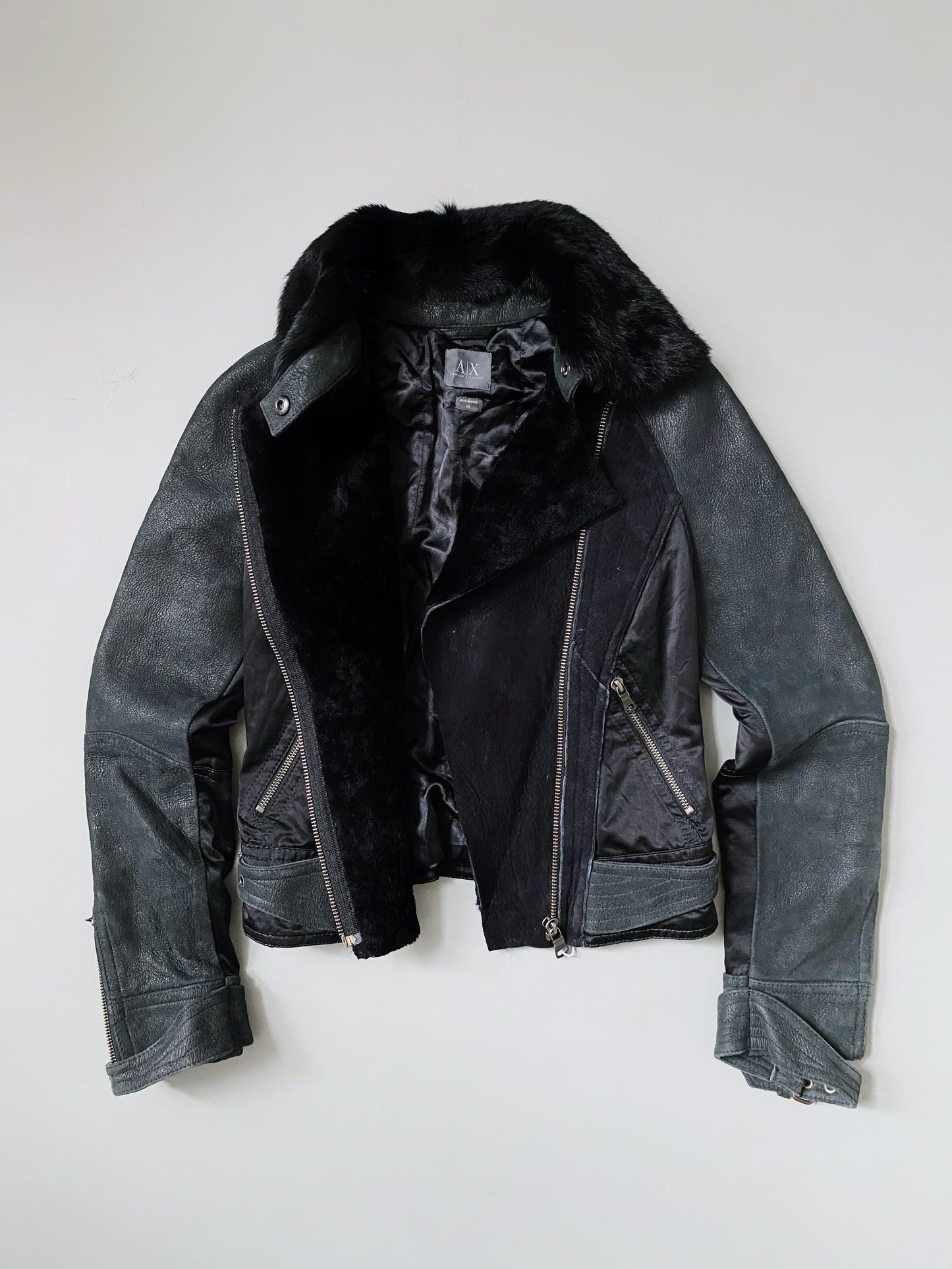ARMANI EXCHANGE PATCHWORK REAL FUR X LEATHER JACKET WOMEN.
