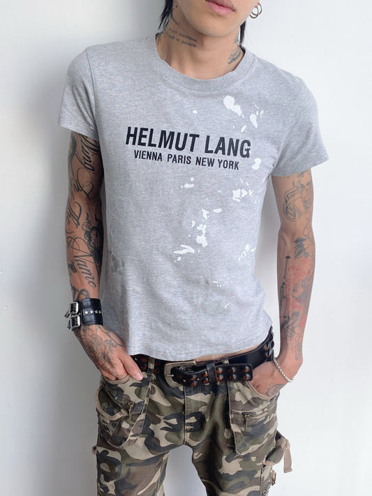 Helmut Lang – Grey Logo Paint-Splatter T-Shirt.