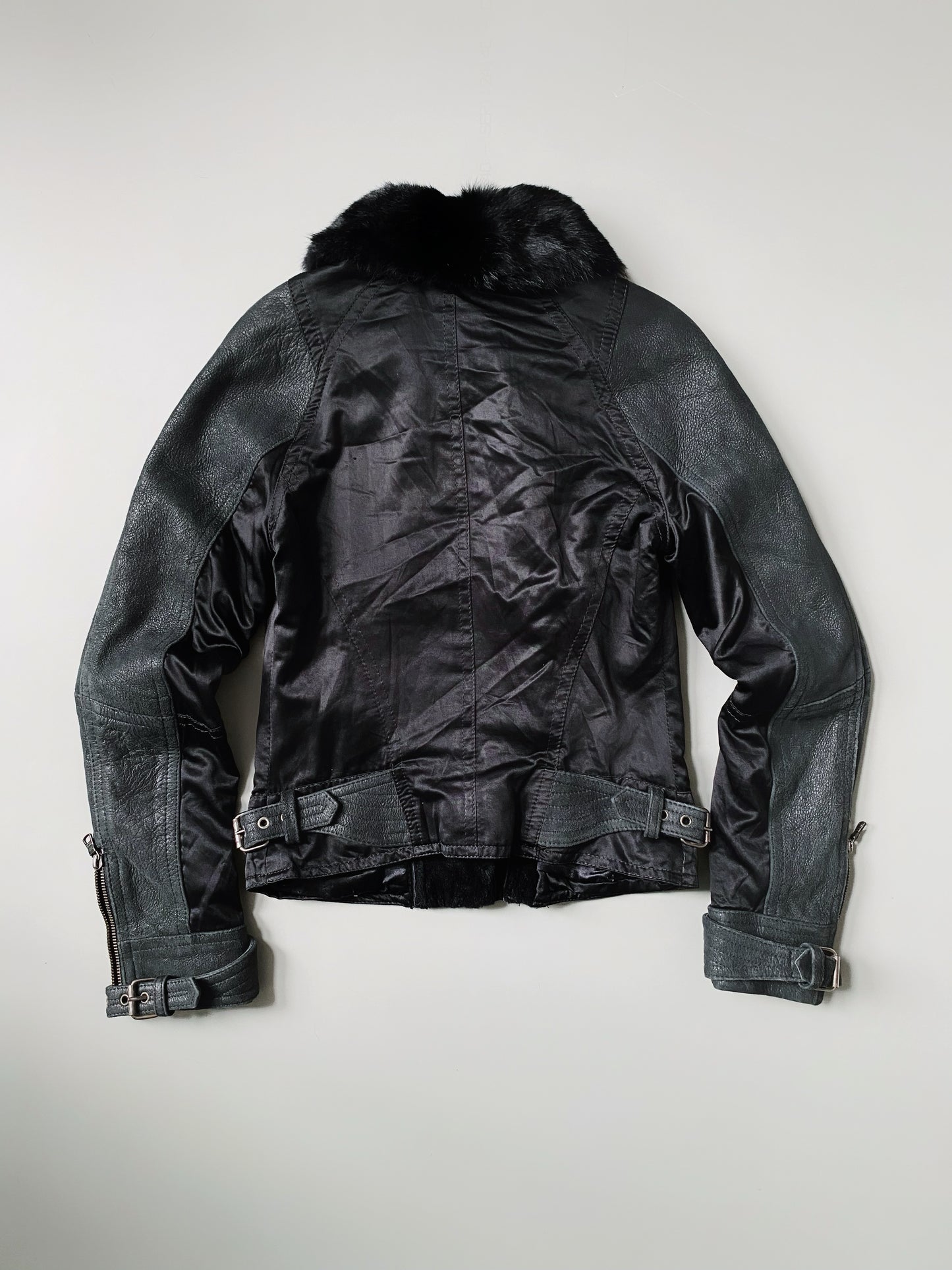 ARMANI EXCHANGE PATCHWORK REAL FUR X LEATHER JACKET WOMEN.