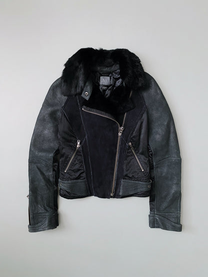 ARMANI EXCHANGE PATCHWORK REAL FUR X LEATHER JACKET WOMEN.