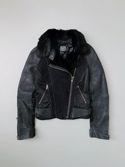 ARMANI EXCHANGE PATCHWORK REAL FUR X LEATHER JACKET WOMEN.