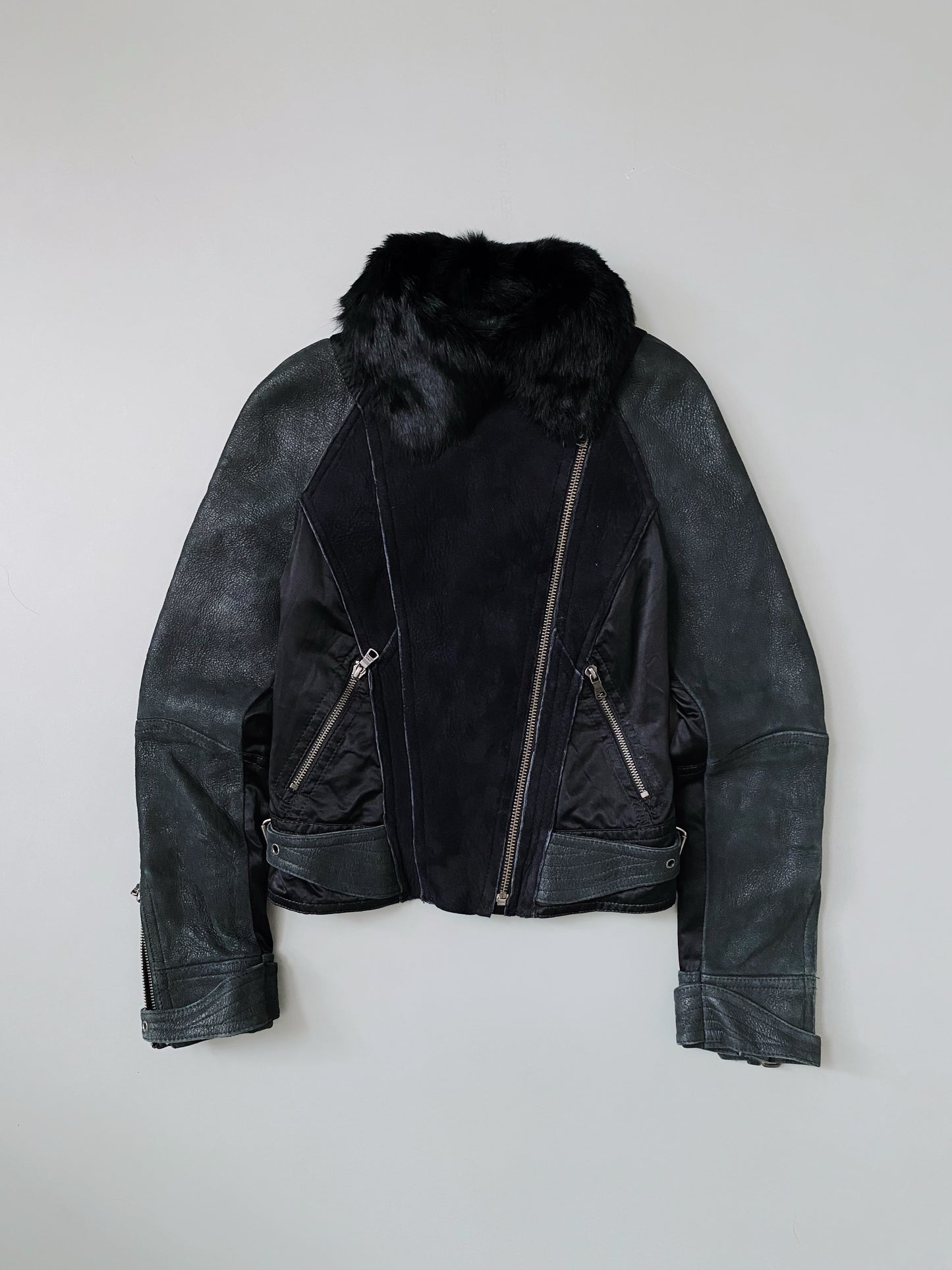ARMANI EXCHANGE PATCHWORK REAL FUR X LEATHER JACKET WOMEN.