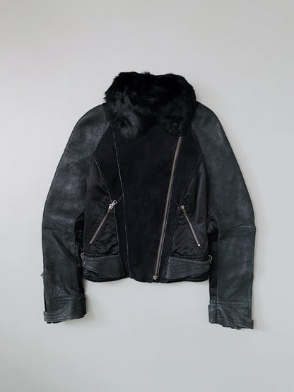 ARMANI EXCHANGE PATCHWORK REAL FUR X LEATHER JACKET WOMEN.