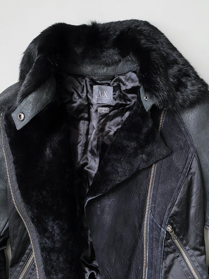 ARMANI EXCHANGE PATCHWORK REAL FUR X LEATHER JACKET WOMEN.