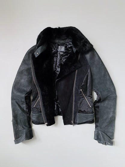ARMANI EXCHANGE PATCHWORK REAL FUR X LEATHER JACKET WOMEN.
