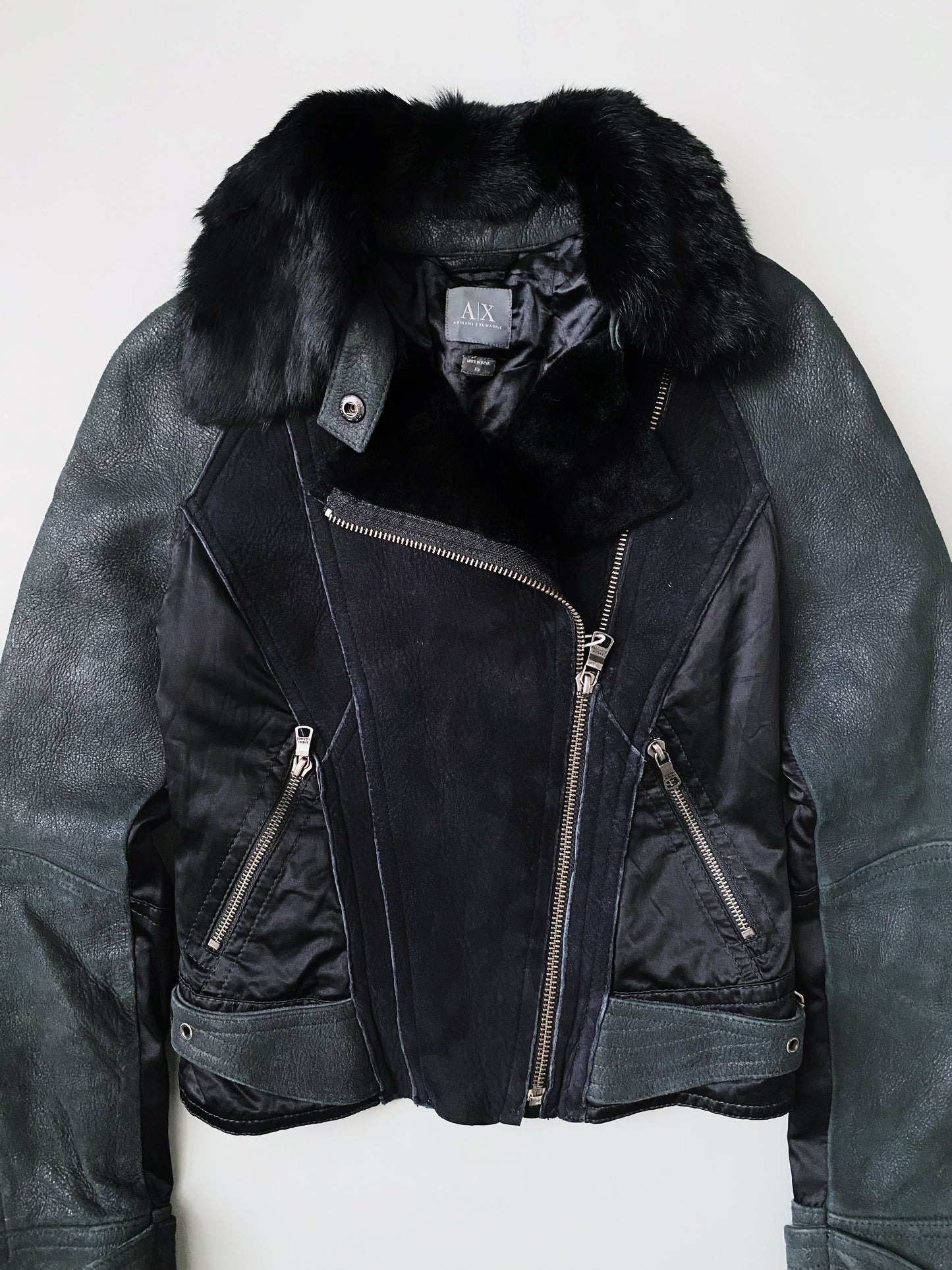 ARMANI EXCHANGE PATCHWORK REAL FUR X LEATHER JACKET WOMEN.