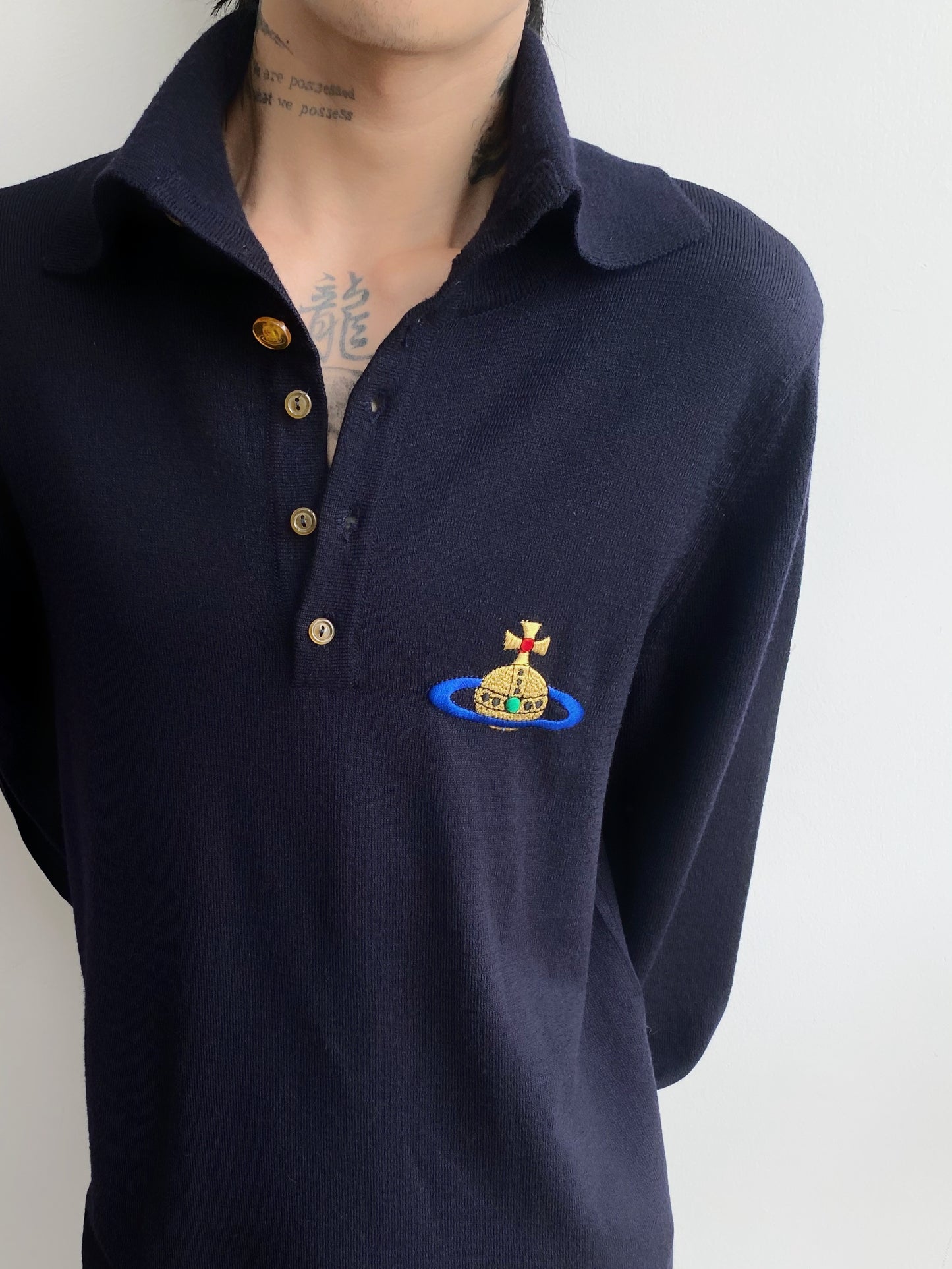 1990s Vivienne Westwood Man — Big Logo Navy Oversize Polo.
