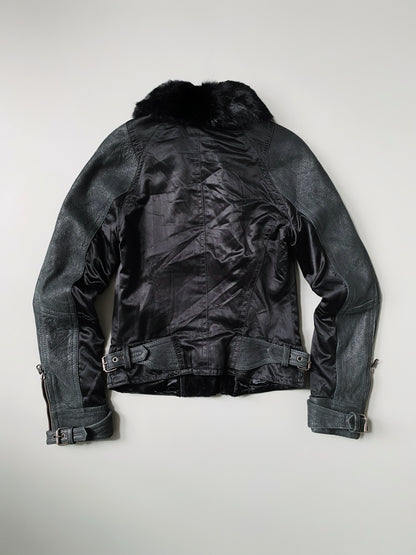 ARMANI EXCHANGE PATCHWORK REAL FUR X LEATHER JACKET WOMEN.